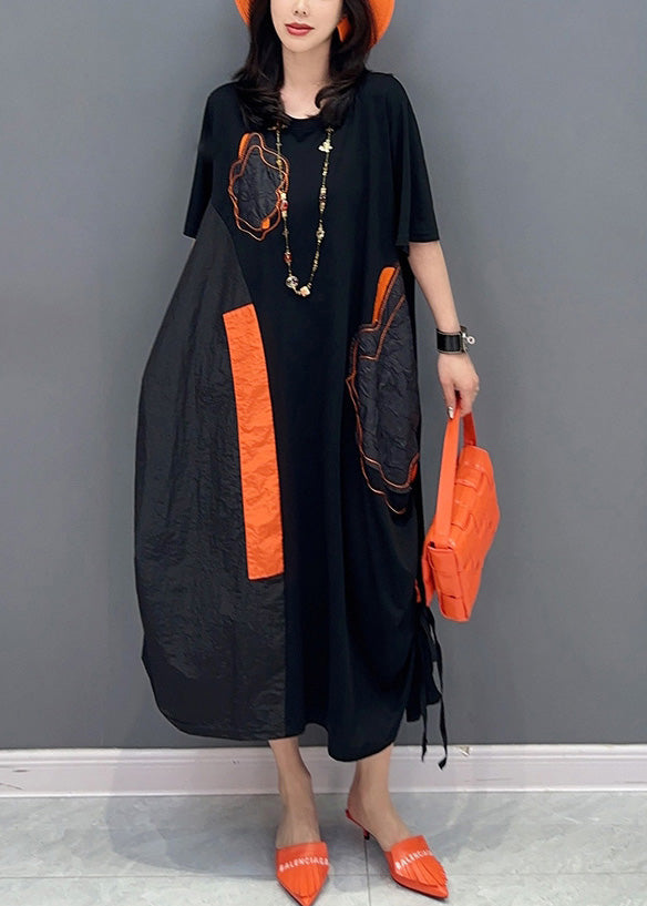 Black O-neck Patchwork Drawstring Holiday Long Dress Short Sleeve