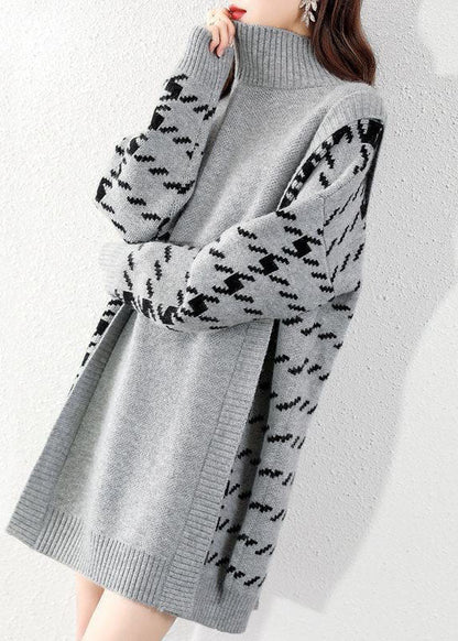 Black O-neck Patchwork Knit Sweater Dress Winter