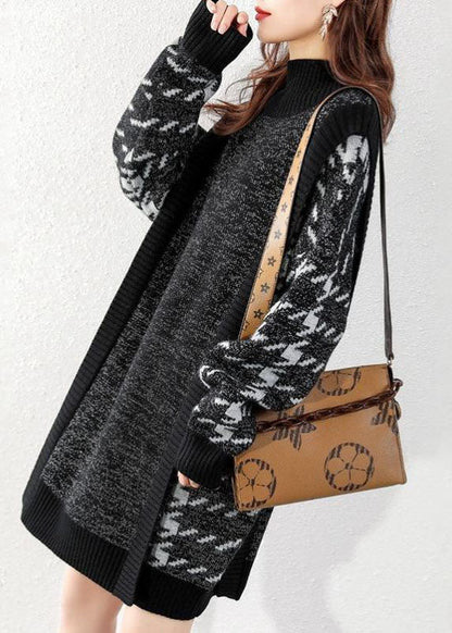 Black O-neck Patchwork Knit Sweater Dress Winter