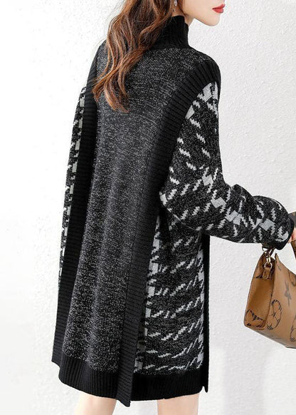 Black O-neck Patchwork Knit Sweater Dress Winter
