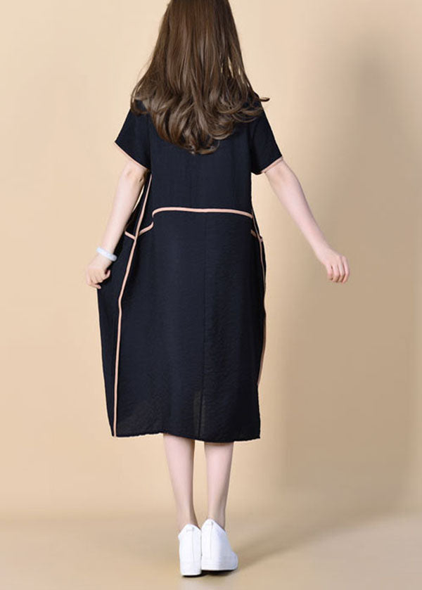Black O Neck Patchwork Linen Dress Summer