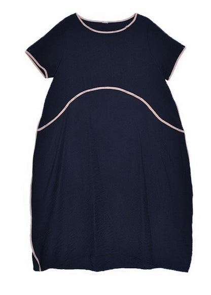 Black O Neck Patchwork Linen Dress Summer