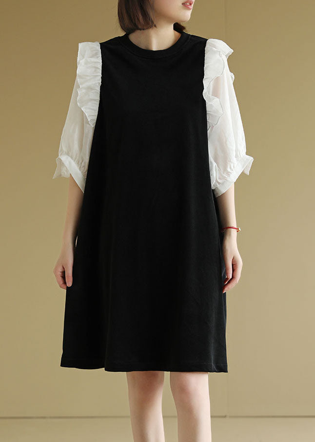 Black O-neck Patchwork Ruffles Velour a Line Dress Half Sleeve