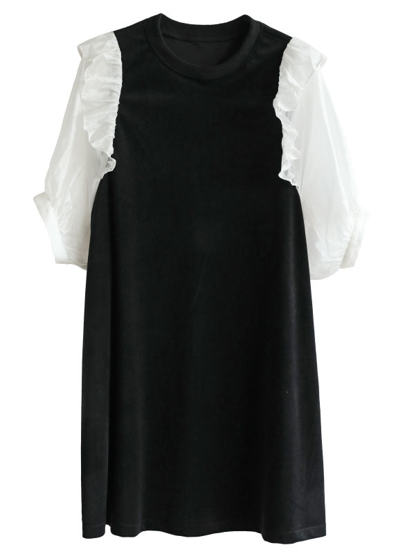 Black O-neck Patchwork Ruffles Velour a Line Dress Half Sleeve