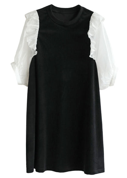 Black O-neck Patchwork Ruffles Velour a Line Dress Half Sleeve