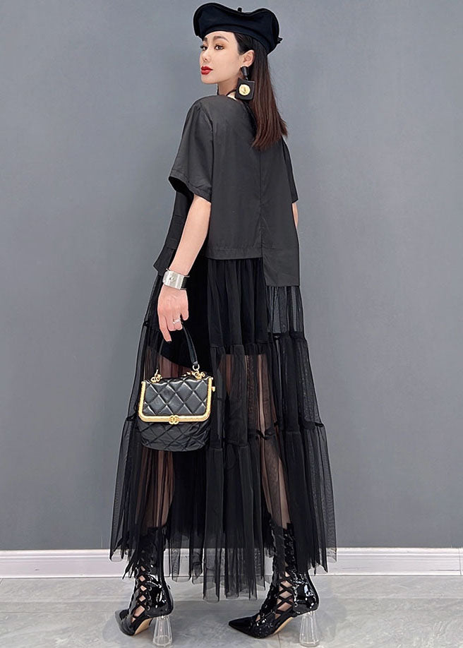 Black O-neck Patchwork Tulle Long Dress Short Sleeve