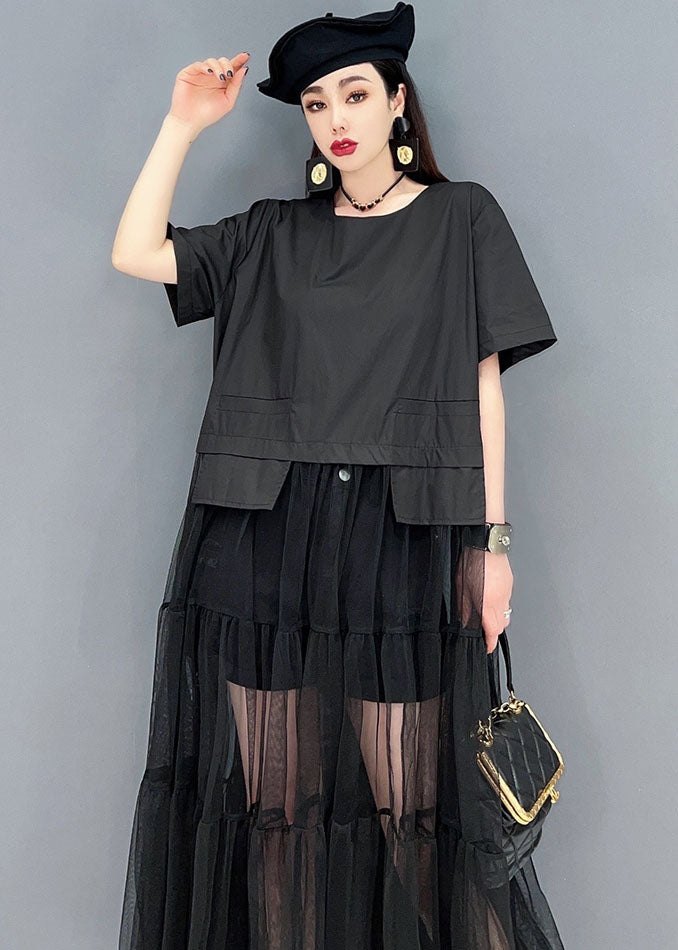 Black O-neck Patchwork Tulle Long Dress Short Sleeve
