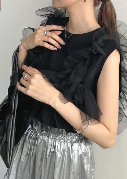 Black O-neck Patchwork Tulle Vests Summer