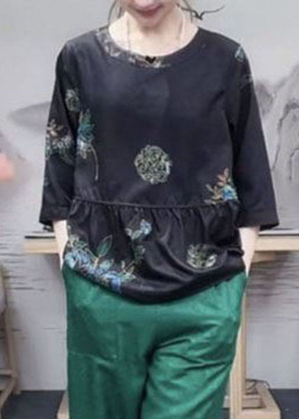 Black O-neck Patchwork Wrinkled Print Silk Wear on Both Sides Top Bracelet Sleeve