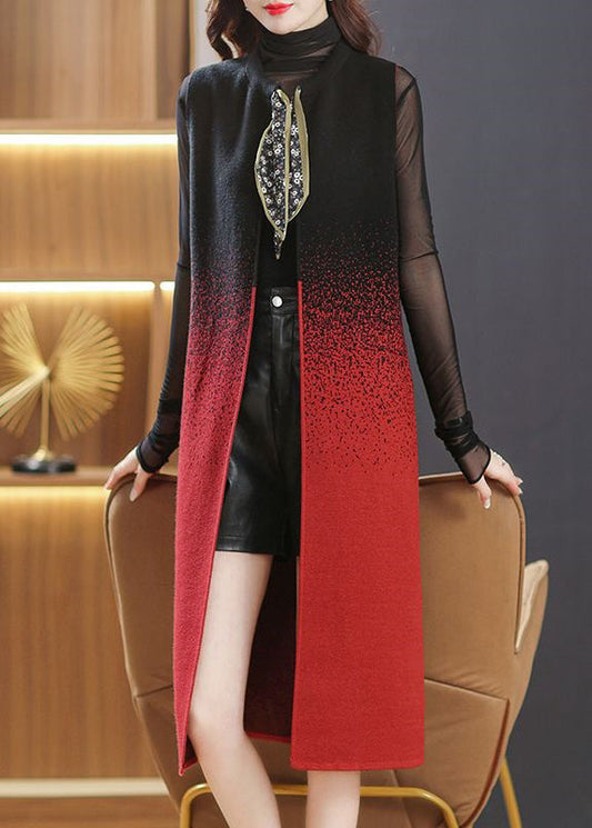 Black O Neck Pockets Lace Up Patchwork Woolen Long Waistcoat Sleeveless
