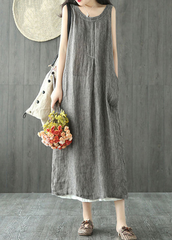 Black O Neck Pockets Linen Long Dresses Sleeveless