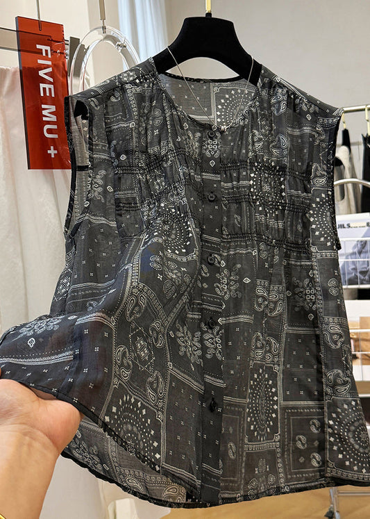Black O Neck Print Button Cotton Tops Sleeveless
