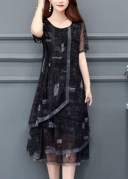 Black O-neck Print Chiffon Holiday Dress Summer