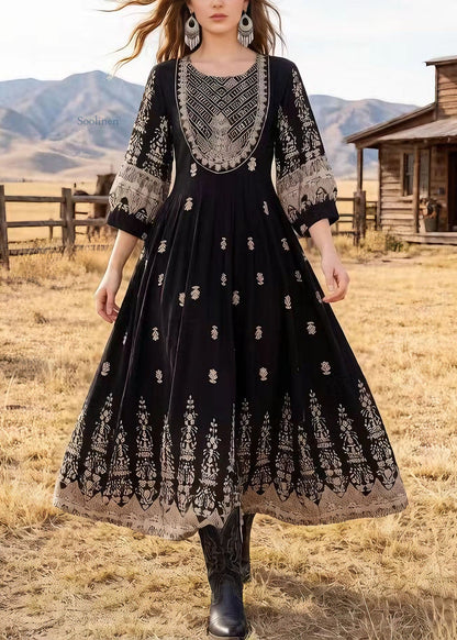 Black O Neck Print Cotton Dresses Bracelet Sleeve