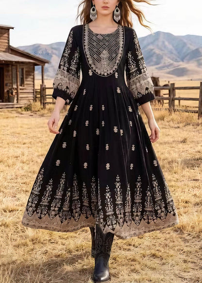 Black O Neck Print Cotton Dresses Bracelet Sleeve