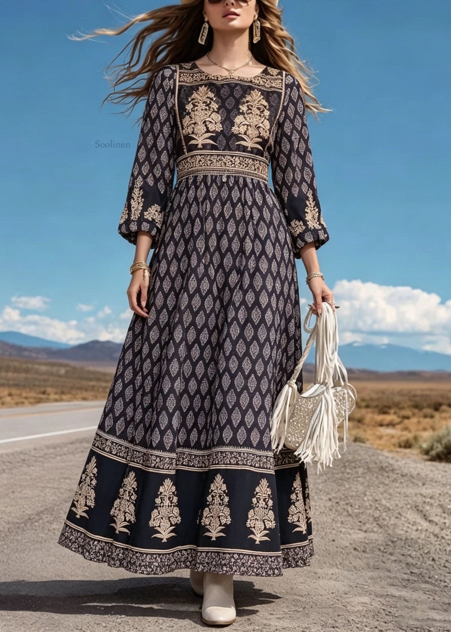 Black O Neck Print Cotton Long Dress Summer