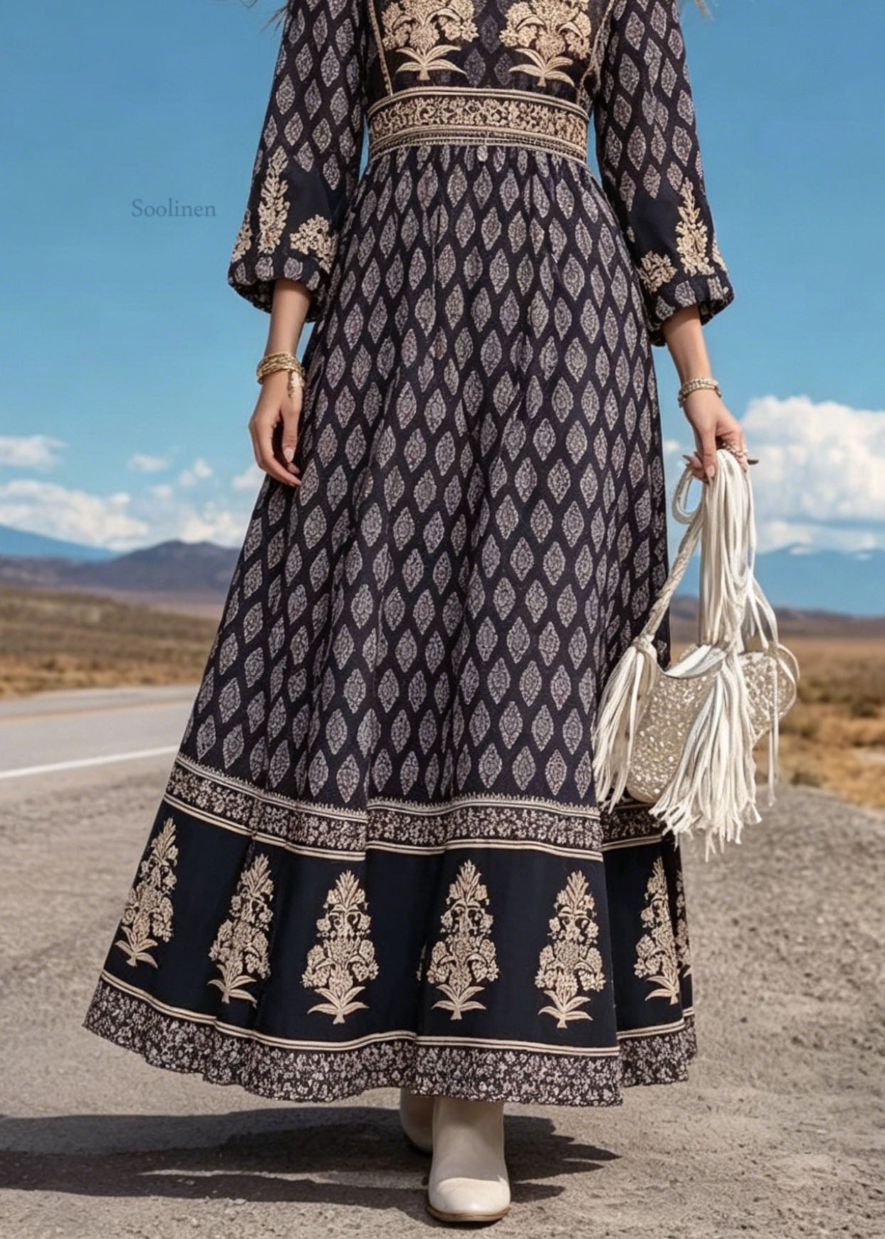Black O Neck Print Cotton Long Dress Summer