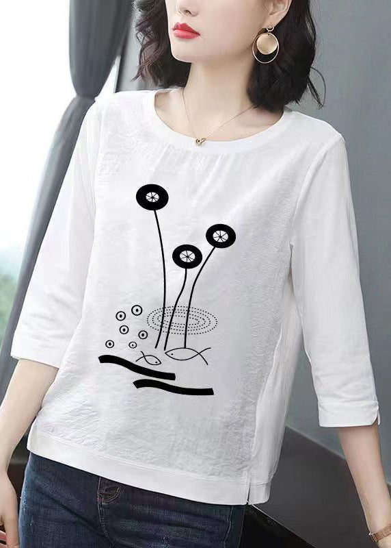 Black O Neck Print Patchwork Cotton T Shirt Bracelet Sleeve
