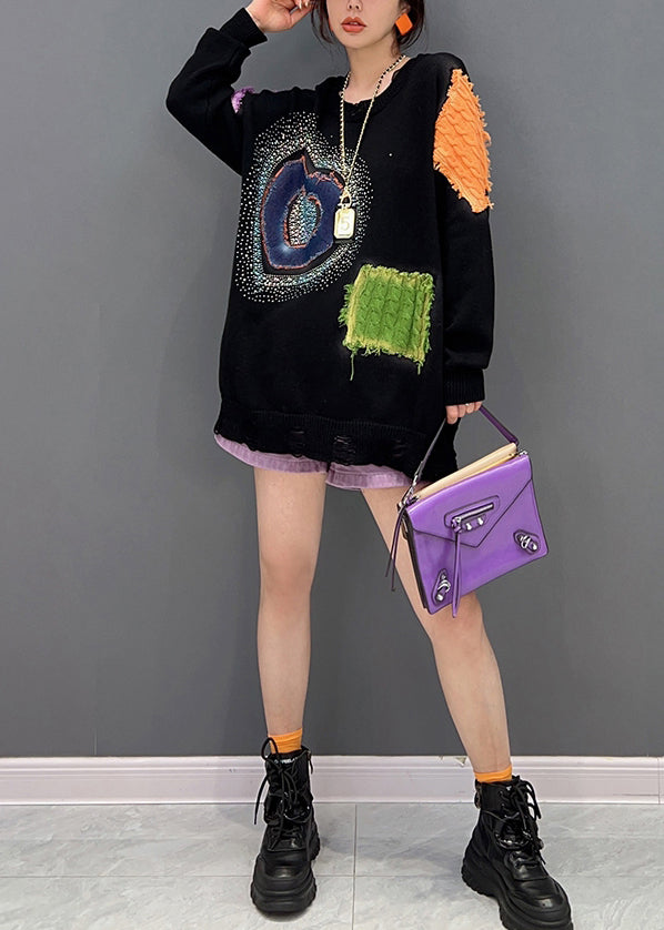 Black O-neck Print Patchwork Knit Sweaters Fall