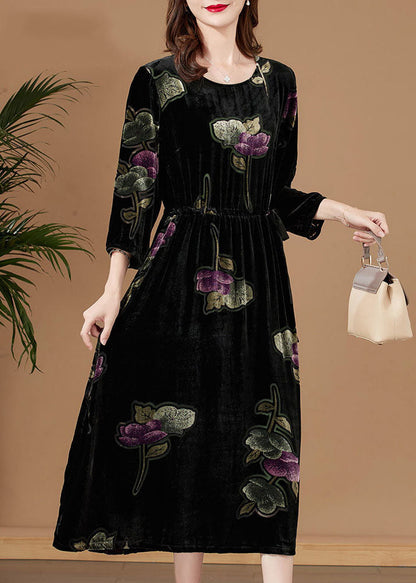 Black O-neck Print Velour Party Dress Bracelet Sleeve