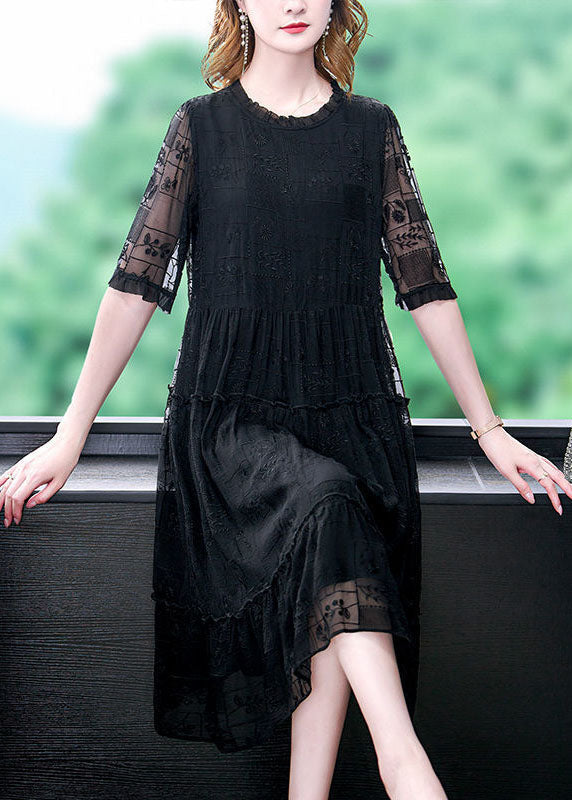 Black O-neck Ruffled Embroideried Silk Long Dresses Summer
