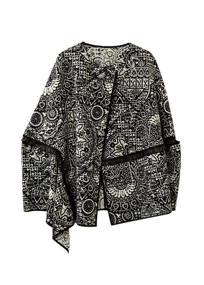 Black O Neck Ruffled Jacquard Woolen Coats Batwing Sleeve