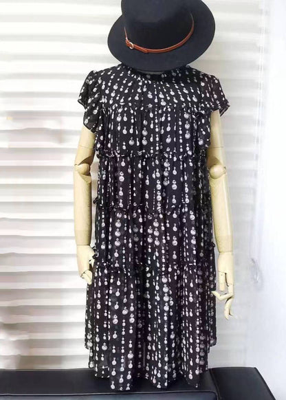Black O-neck Ruffled Patchwork Dot Print Long Dress Short Sleeve