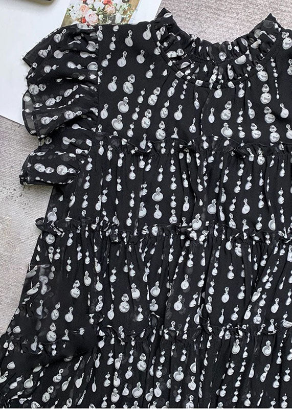 Black O-neck Ruffled Patchwork Dot Print Long Dress Short Sleeve