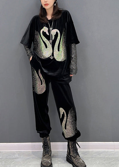 Black O-neck Sequins Velour Top and Pants Two Pieces Set Winter