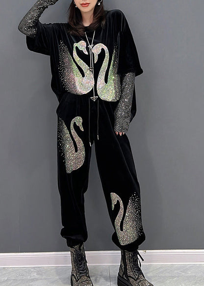 Black O-neck Sequins Velour Top and Pants Two Pieces Set Winter