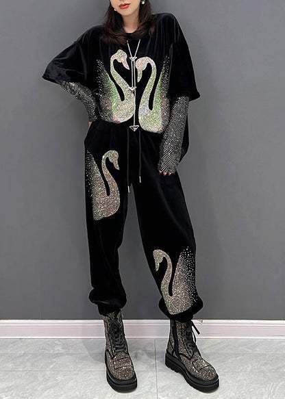 Black O-neck Sequins Velour Top and Pants Two Pieces Set Winter
