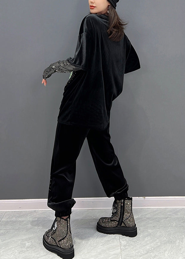 Black O-neck Sequins Velour Top and Pants Two Pieces Set Winter