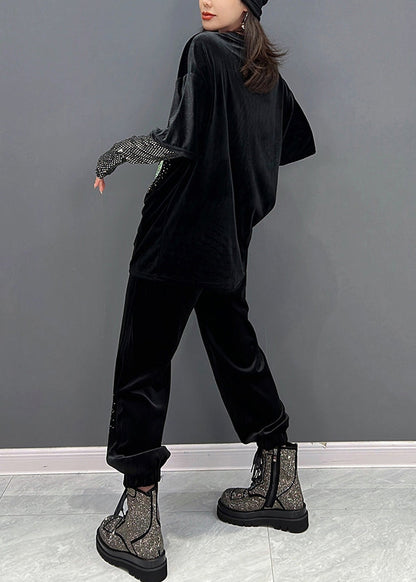 Black O-neck Sequins Velour Top and Pants Two Pieces Set Winter