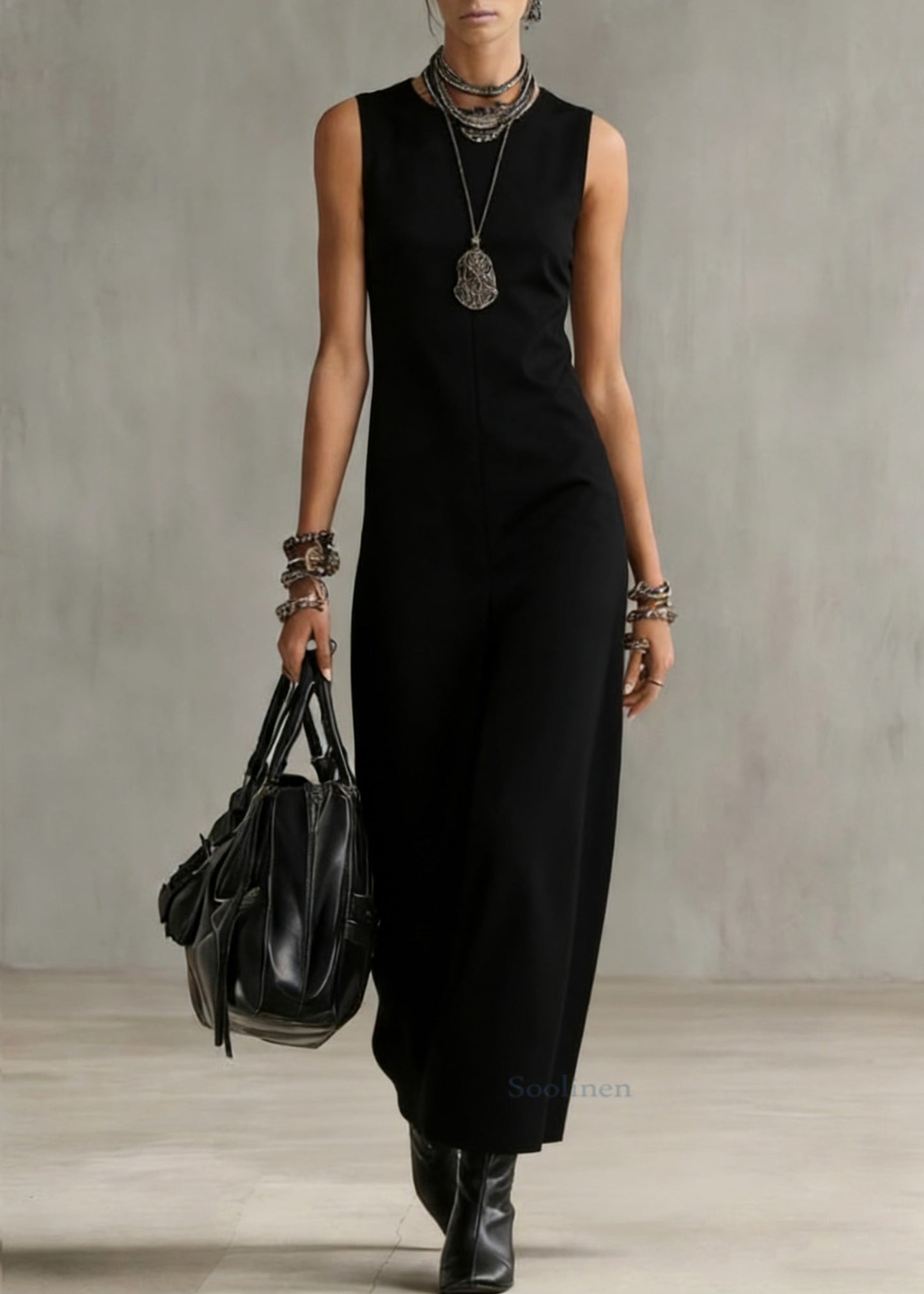 Black O Neck Cotton Long Dress Sleeveless