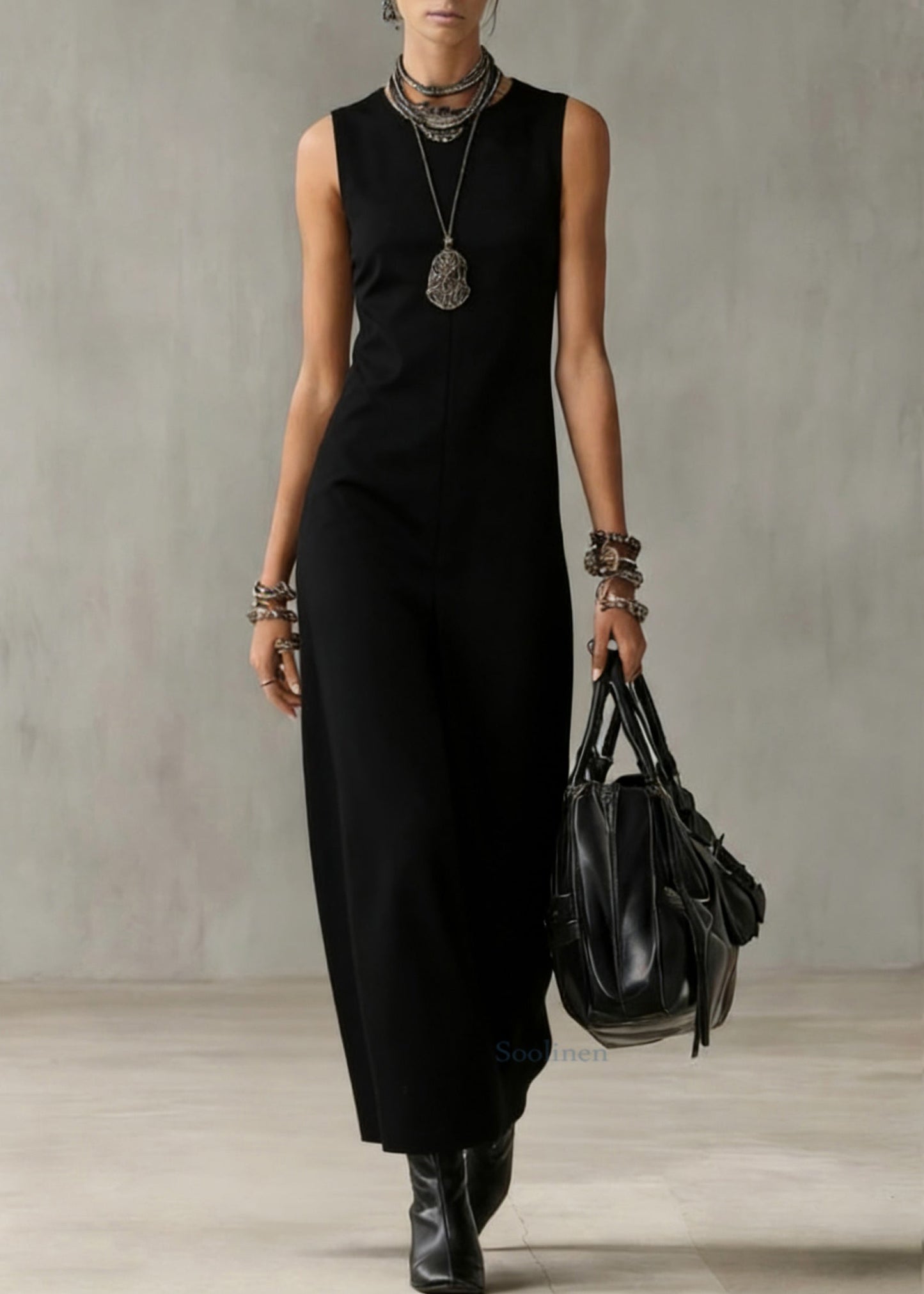 Black O Neck Cotton Long Dress Sleeveless