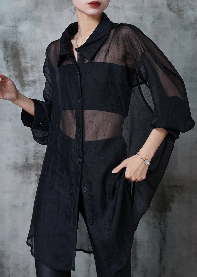 Black Oversized Back Hollow Out Tulle Long Shirts Summer
