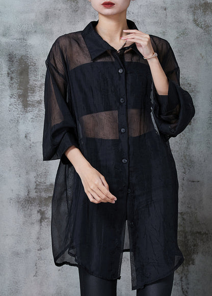 Women Black Oversized Back Hollow Out Tulle Long Shirts Summer
