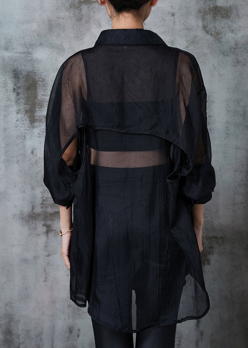 Black Oversized Back Hollow Out Tulle Long Shirts Summer