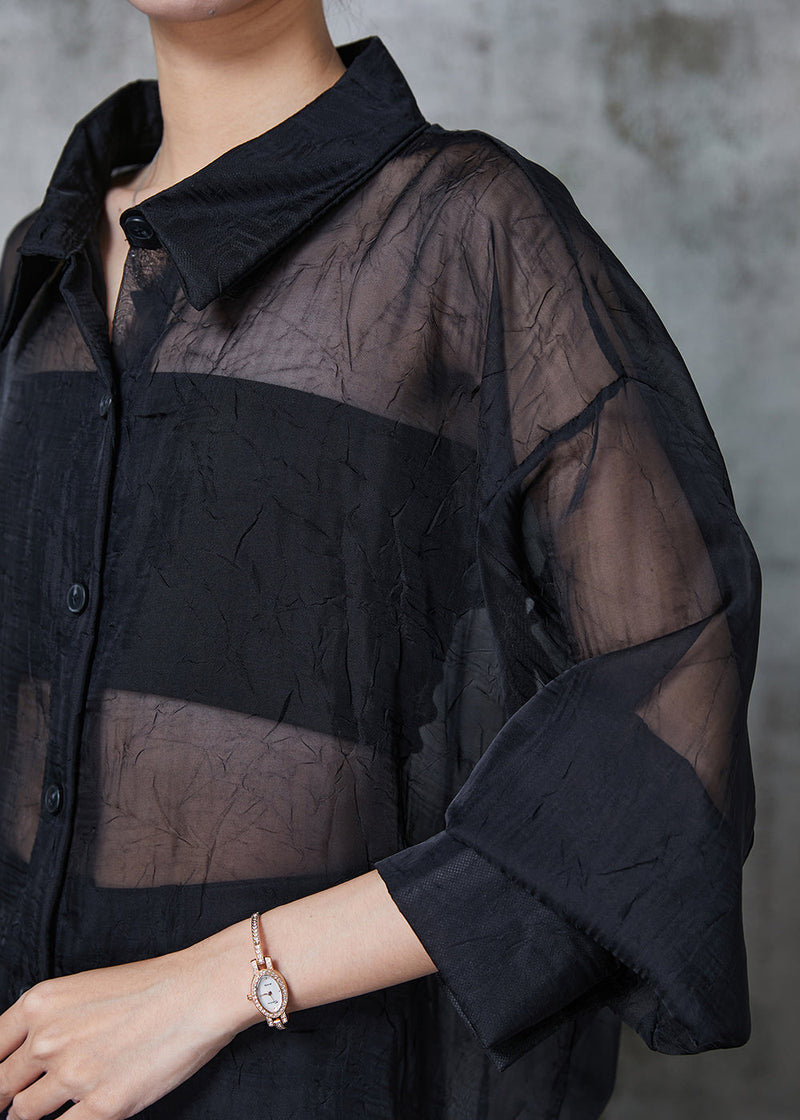 Black Oversized Back Hollow Out Tulle Long Shirts Summer