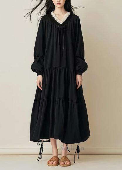 Black Oversized Drawstring Cotton Long Dress Spring
