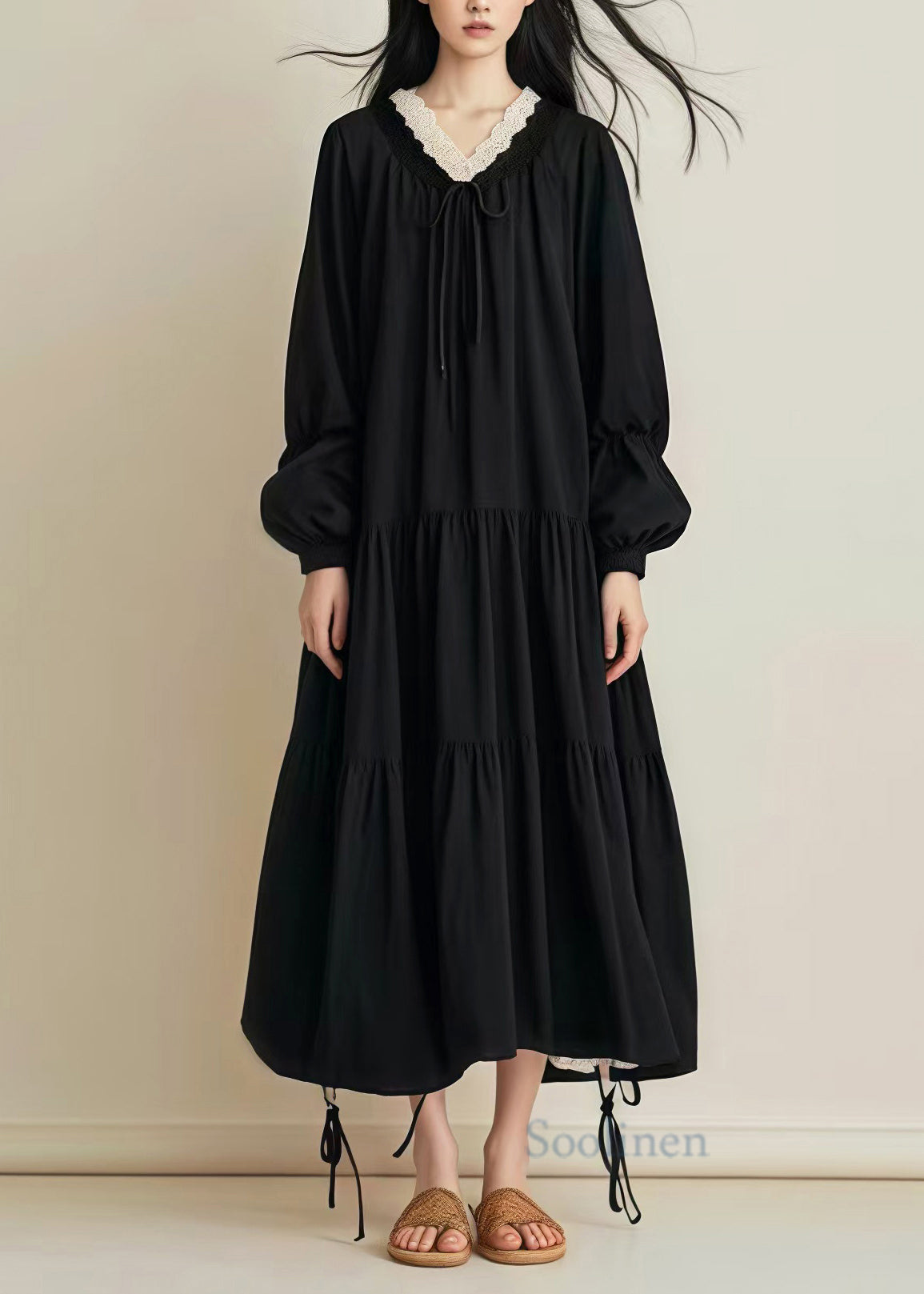 Black Oversized Drawstring Cotton Long Dress Spring