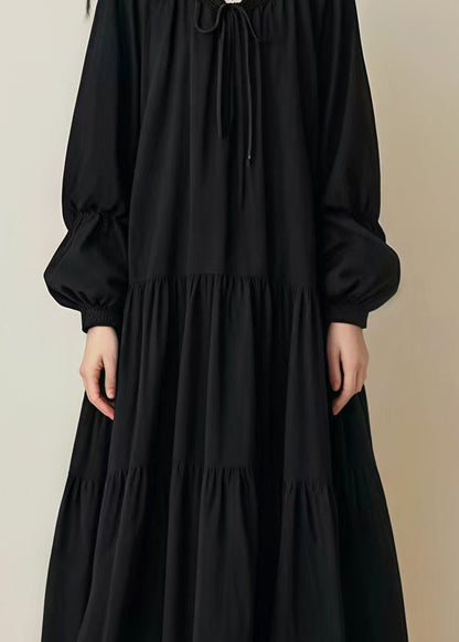 Black Oversized Drawstring Cotton Long Dress Spring