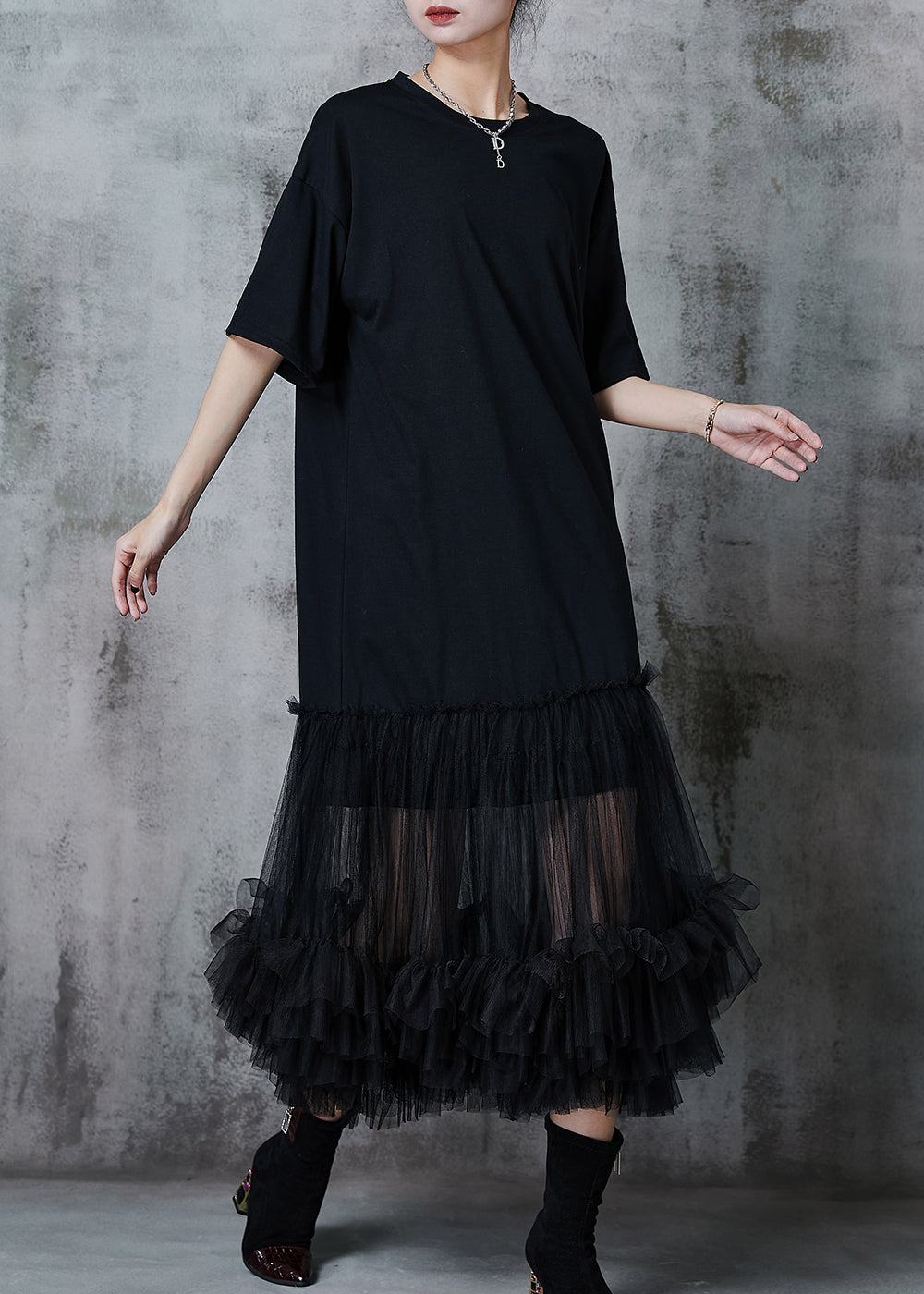 Black Oversized Patchwork Cotton Party Dress Summer