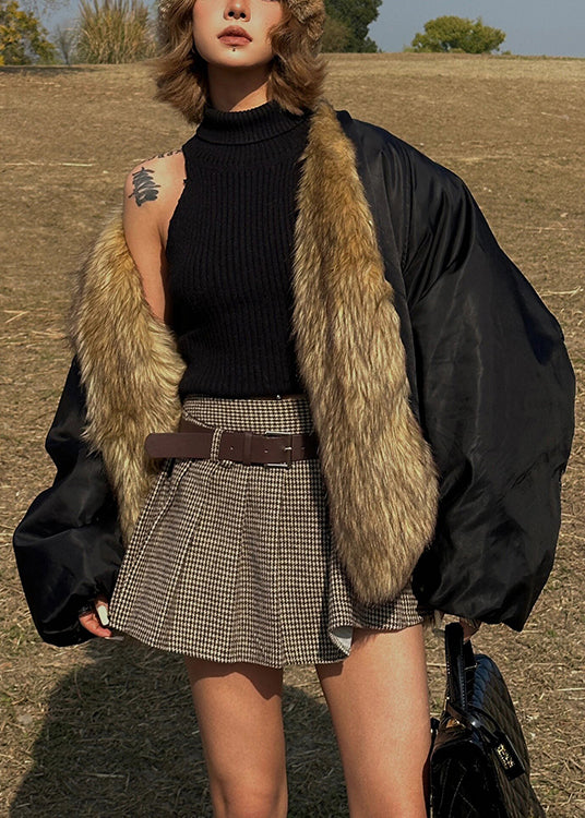 Black Oversized Patchwork Faux Fox Fur Coats Winter