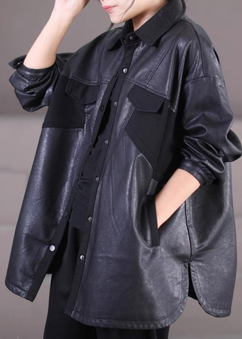 Black Oversized Patchwork Faux Leather Coat Outwear Spring