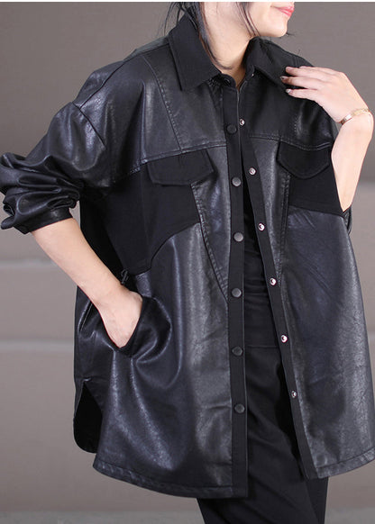 Black Oversized Patchwork Faux Leather Coat Outwear Spring