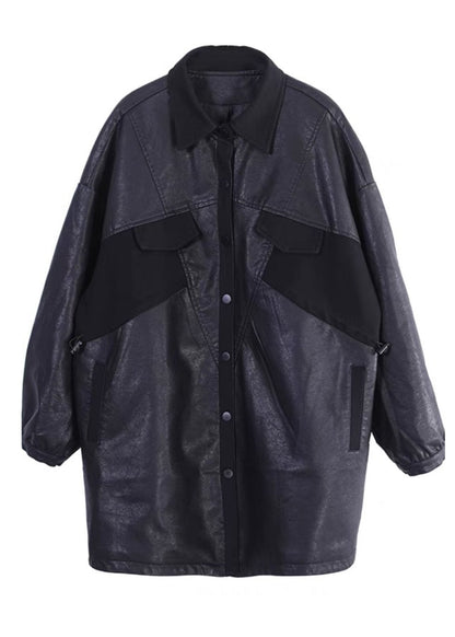 Black Oversized Patchwork Faux Leather Coat Outwear Spring