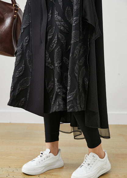 Black Oversized Patchwork Jacquard Cotton Trench Coats Spring