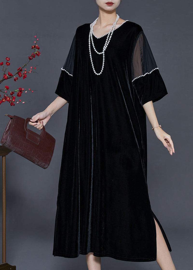 Black Oversized Patchwork Nail Bead Silk Velvet Dress Spring