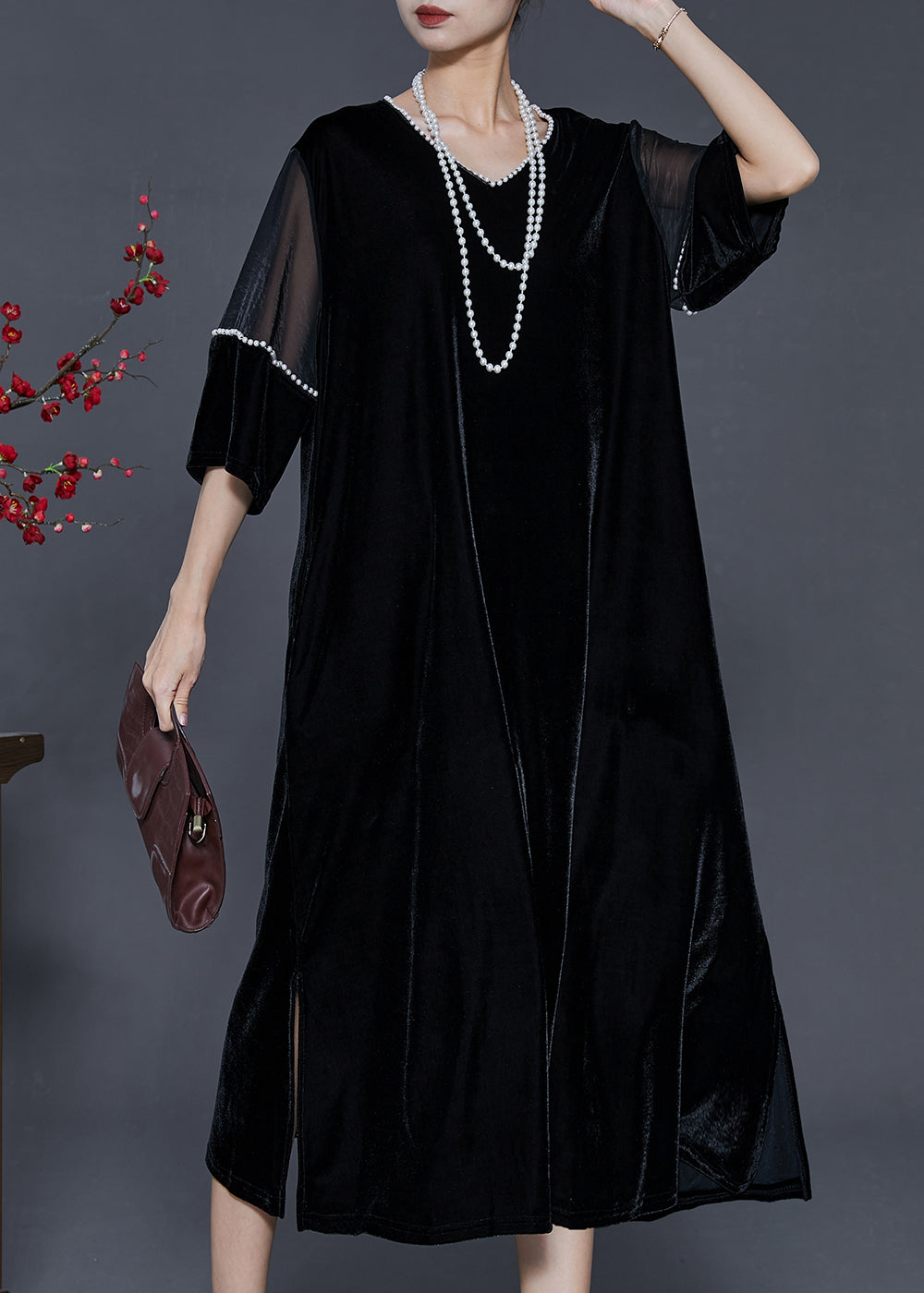 Black Oversized Patchwork Nail Bead Silk Velvet Dress Spring